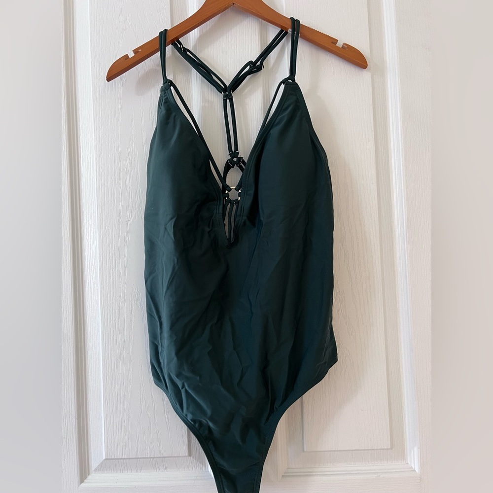 NWT BeBe Dark Green Strappy One-Piece Swimsuit. Size Large